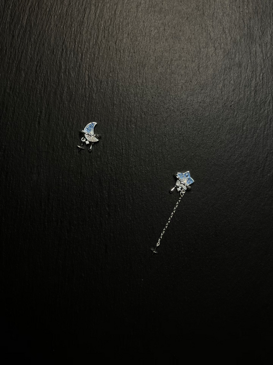 Asymmetric Moon & Star Stud Earrings