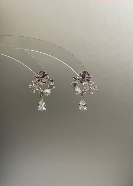 Purple Diamond & Pearl Teardrop Earrings