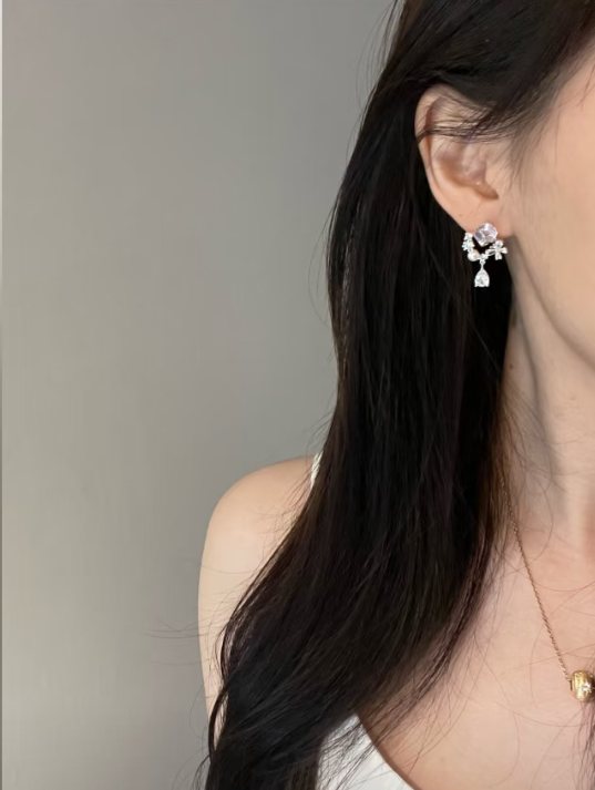 Purple Diamond & Pearl Teardrop Earrings