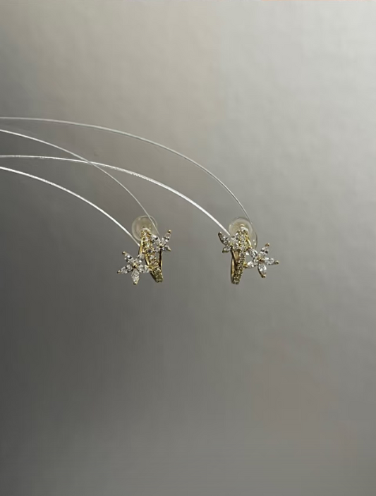 Diamond - decorated Flower Huggie Earrings