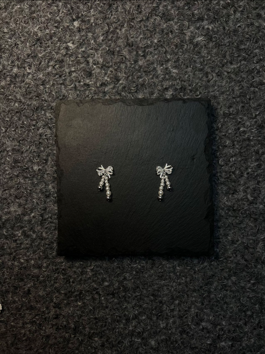 Diamond Bowknot & Pearl Stud Earrings